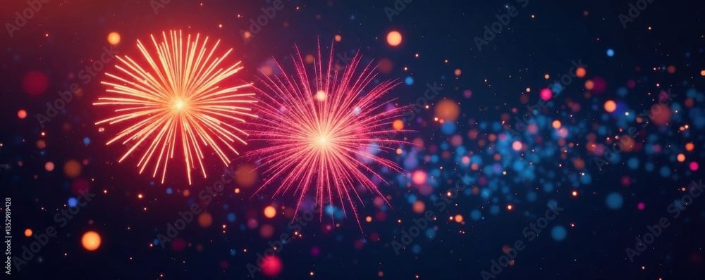 Fototapeta premium Colorful firework shapes exploding in mid-air, explosion, night, fast motion