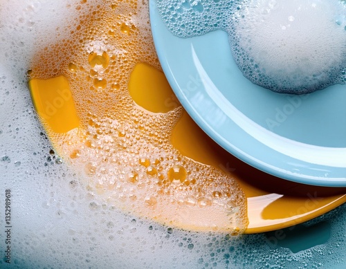 Bright plates with soap bubbles in dishwater