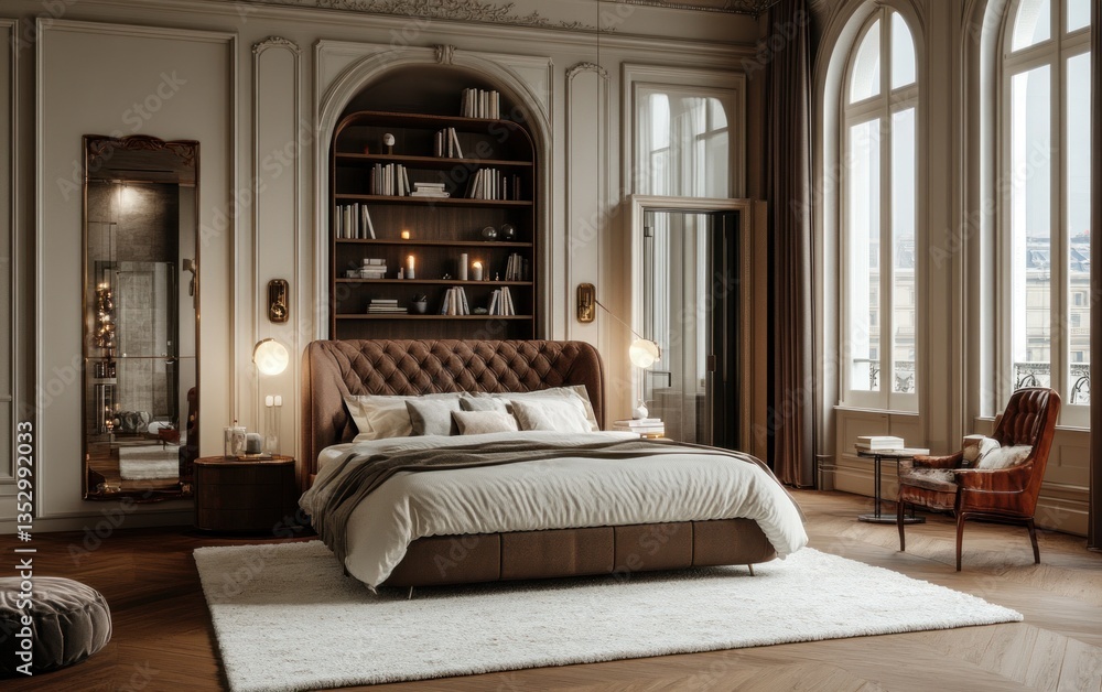 Fototapeta premium A luxurious bedroom interior with a large bed and decorative elements