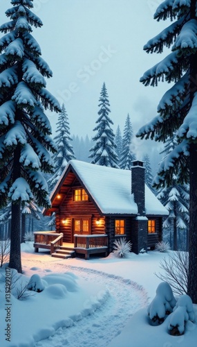 Wallpaper Mural Cozy cabin surrounded by snowy trees with chimney smoke rising high , cozy, peaceful Torontodigital.ca