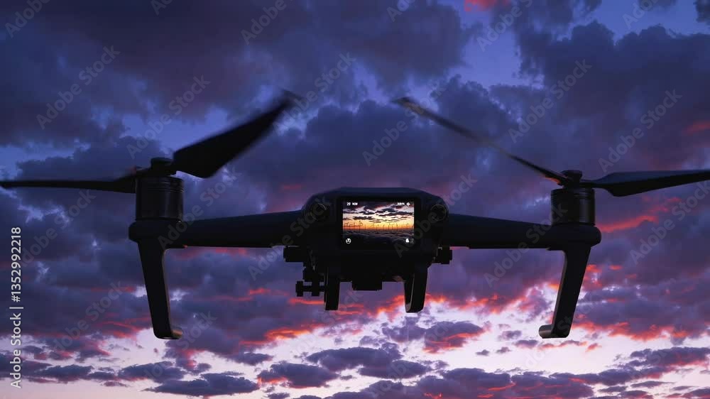 Quadcopter drone hovering above cloud layer with wind turbines, dramatic sunset sky with purple and orange clouds