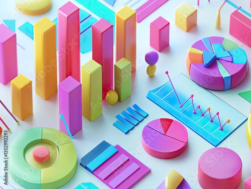 Colorful data visualizations on a white surface, showing various charts and graphs