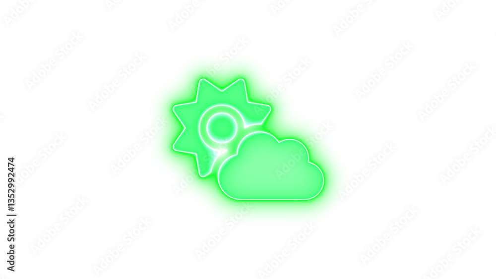 Obraz premium Cloud sun icon green color glowing neon on transparent background