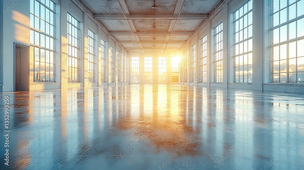 Sunlit industrial warehouse interior; expansive windows; polished concrete floor; potential for business or architecture use Sunlit industrial warehouse interior; expansive windows; polished concrete floor; potential for business or architecture use