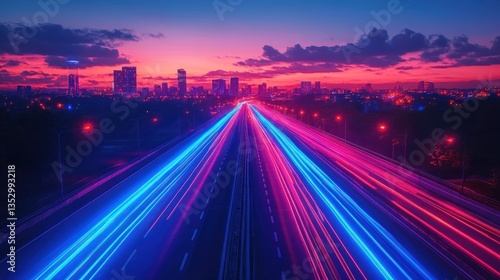 Vibrant Cityscape at Dusk: Neon Lights on Highway