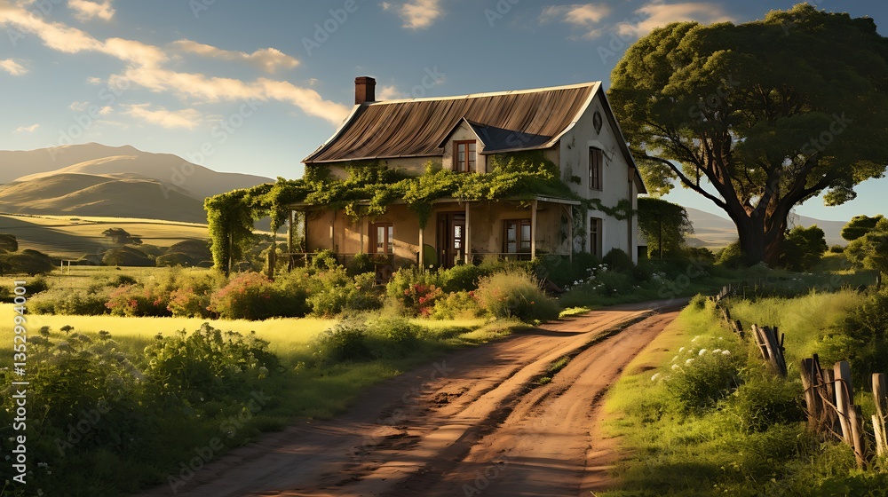 Serene Countryside House at Golden Hour Serene Countryside House at Golden Hour