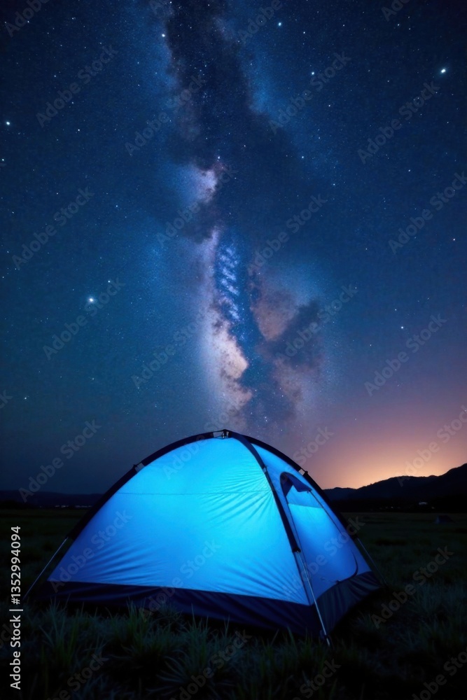 Dark blue tent under starry night sky with twinkling stars and Milky Way above, darkness, cosmos Dark blue tent under starry night sky with twinkling stars and Milky Way above, darkness, cosmos