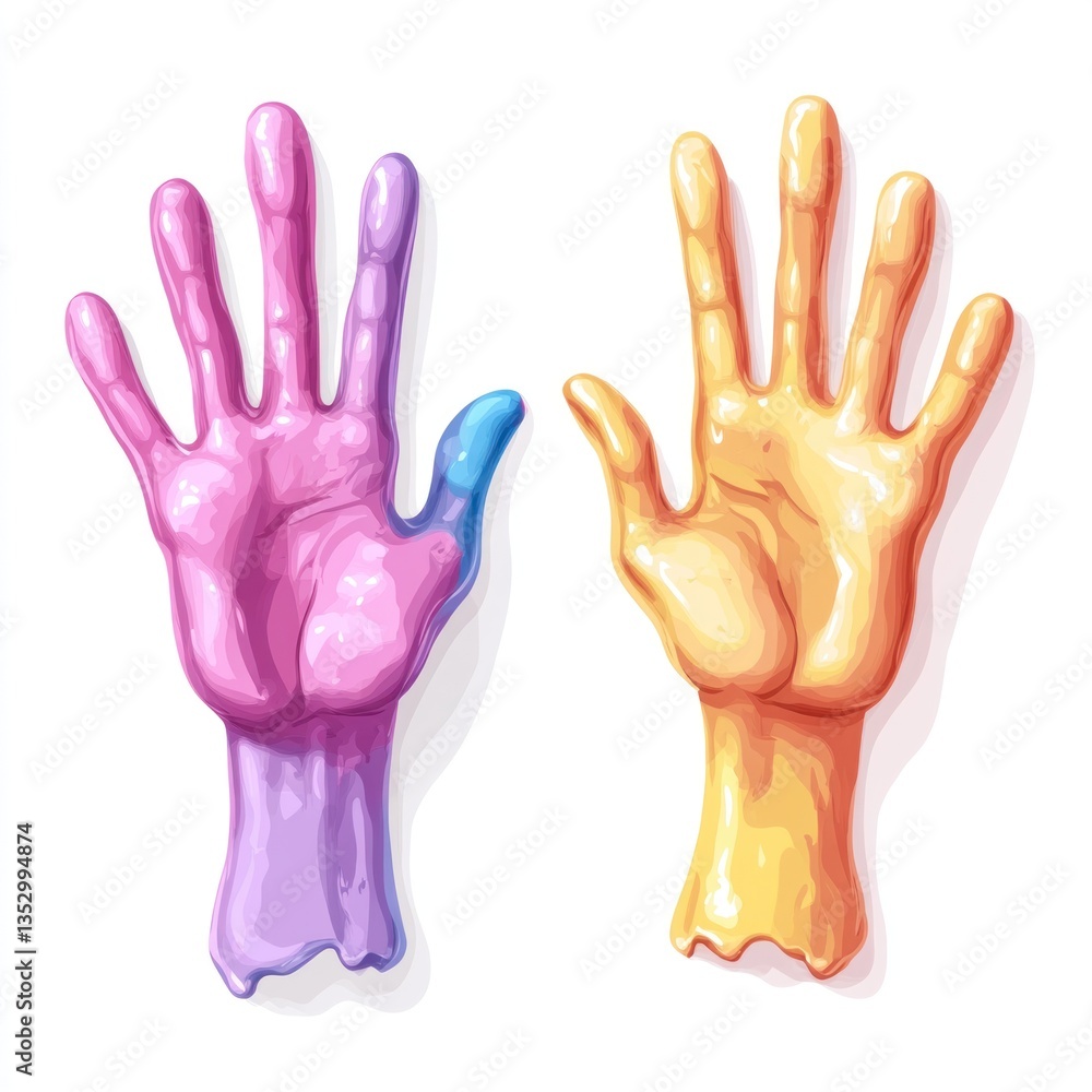 Fototapeta premium Two Cartoon Hands Displaying Different Colorful Open Palms