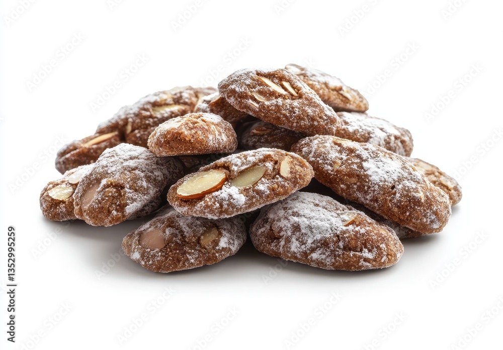 Delicious baked almond cookies dusted with powdered sugar arranged in a delightful pile on a clean white background
