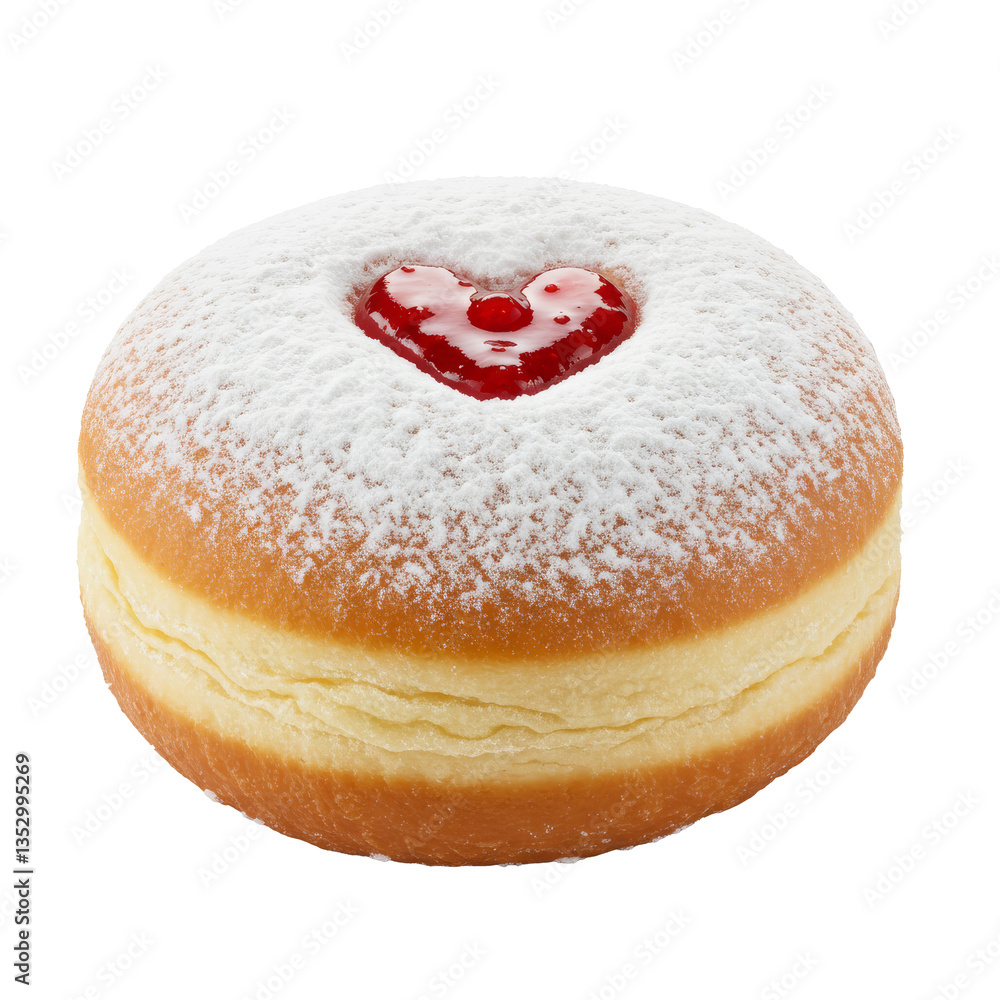 Powdered sugar doughnut with a heart-shaped filling of strawberry jam, isolated on a white background Powdered sugar doughnut with a heart-shaped filling of strawberry jam, isolated on a white background