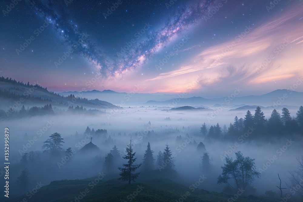 Fototapeta premium Dreamlike Celestial Landscape with Ethereal Mist and Beautiful Haze