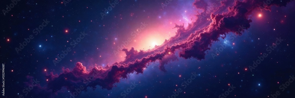 Naklejka premium Dark nebula with glowing stars and galaxies scattered in space, galaxy, starlight