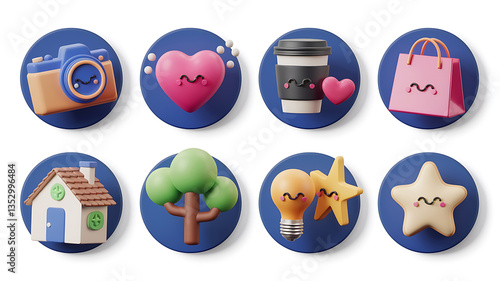 Cute icons of camera, heart, coffee, shopping bag, home, tree, lightbulb, and star.
