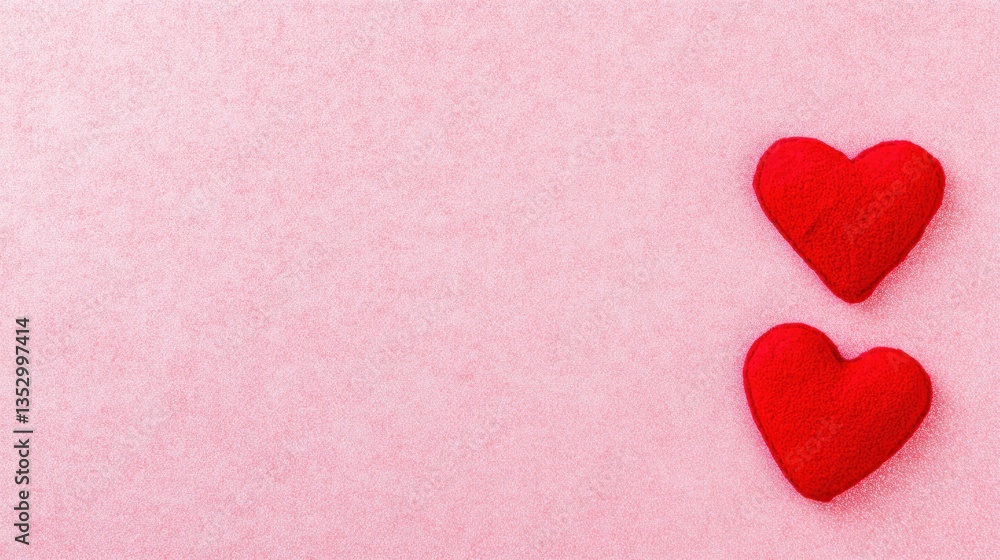 Two red felt hearts on pink background, Valentine's Day card design