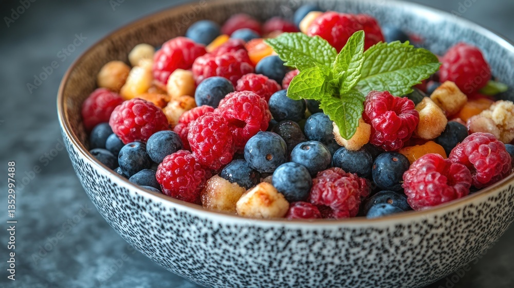 Summer Berry Delight: A refreshing mix of raspberries, blueberries, and crunchy pieces in a rustic bowl. Summer Berry Delight: A refreshing mix of raspberries, blueberries, and crunchy pieces in a rustic bowl.