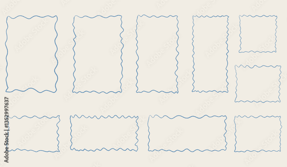 Hand drawn scalloped frame set. Chalk scribble wavy pencil texture doodle curly borders collection. Different sizes: wedding invitation, greeting card, postcard design. Vintage vector illustration Hand drawn scalloped frame set. Chalk scribble wavy pencil texture doodle curly borders collection. Different sizes: wedding invitation, greeting card, postcard design. Vintage vector illustration