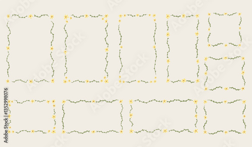 Hand drawn floral frame set. Chalk wavy leaves, flowers pencil texture doodle borders collection. Different sizes: wedding invitation, greeting card, postcard design. Vintage vector illustration