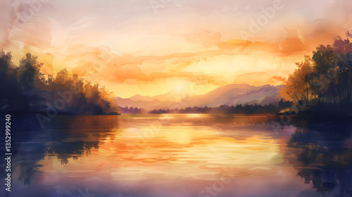 Wallpaper Mural Golden Sunset Over Tranquil Lake: A Serene Watercolor Landscape Capturing Nature's Peace and Beauty Torontodigital.ca