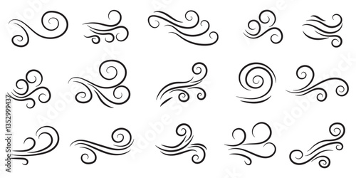 Wind linear sketch set, wind blow line icon. Isolated vector illustration. Wind motion, air blow, swirl elements. Air blow motion, smoke flow art, windy weather symbol, abstract curved line.