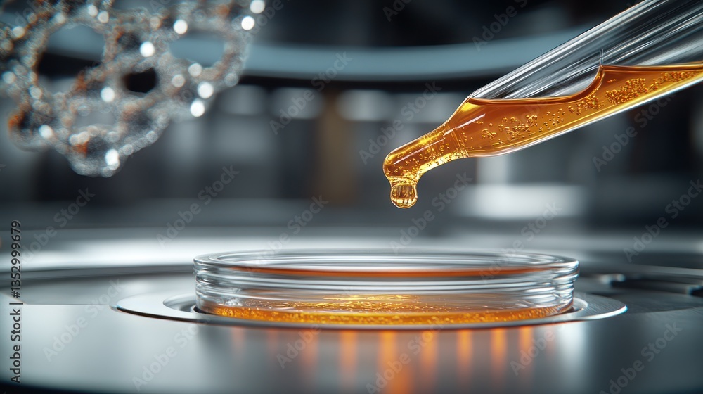 Obraz premium Liquid drips into petri dish in a laboratory setting