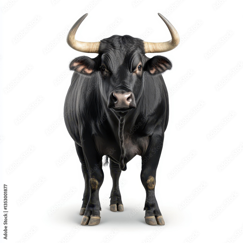 Naklejka premium A strong bull stands proudly against a clean white backdrop, showcasing its impressive stature and muscular build.