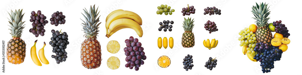 Display of assorted tropical fruits pineapples bananas and grapes in several arrangements. Display of assorted tropical fruits pineapples bananas and grapes in several arrangements.