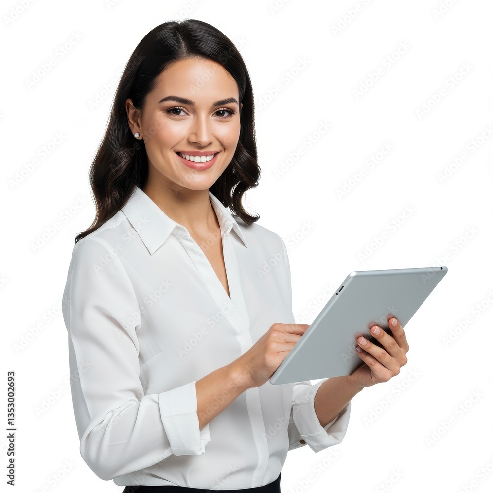 Professional woman with bright smile holding tablet in business attire confident pose modern office setting isolated on white background Professional woman with bright smile holding tablet in business attire confident pose modern office setting isolated on white background