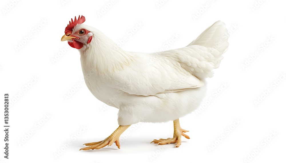Fototapeta premium A single white hen is walking across a plain white background