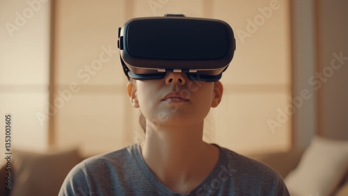 Young woman immersed in virtual reality experience at home, wearing a high-tech VR headset and exploring a digital world with futuristic technology in a cozy indoor setting