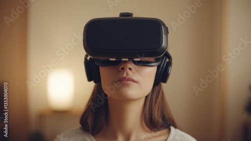 Immersed in virtual reality experience at home, wearing a high-tech VR headset and exploring a digital world with futuristic technology in a cozy indoor setting
