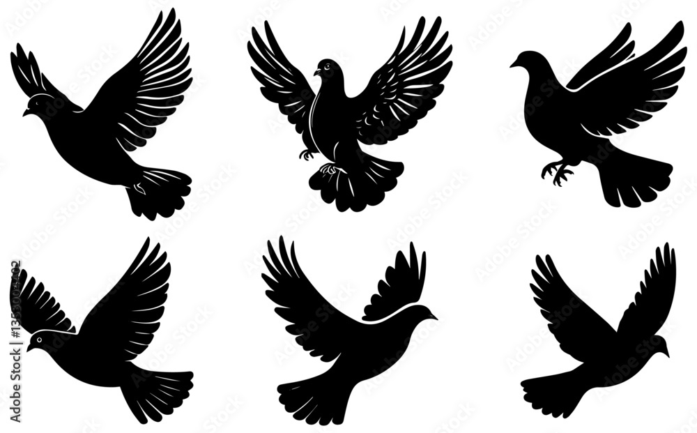 Fototapeta premium Flying Pigeon Silhouette Vector Set, Elegant Dove Symbol of Peace and Freedom
