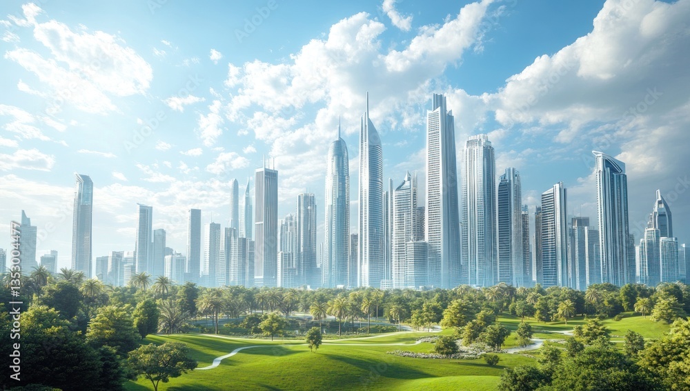 Fototapeta premium A modern city skyline towers over a lush green landscape