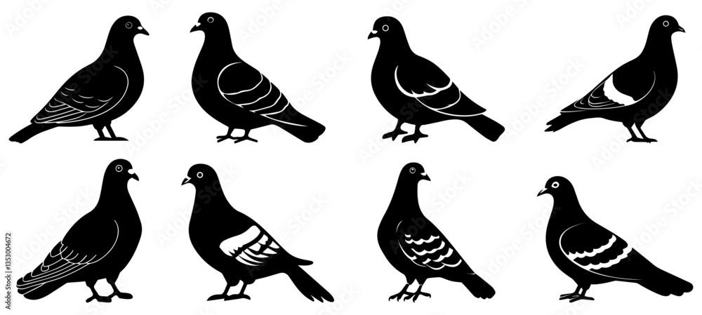 Fototapeta premium Pigeon Silhouette Vector Set, Collection of Decorative Flying Bird Icons
