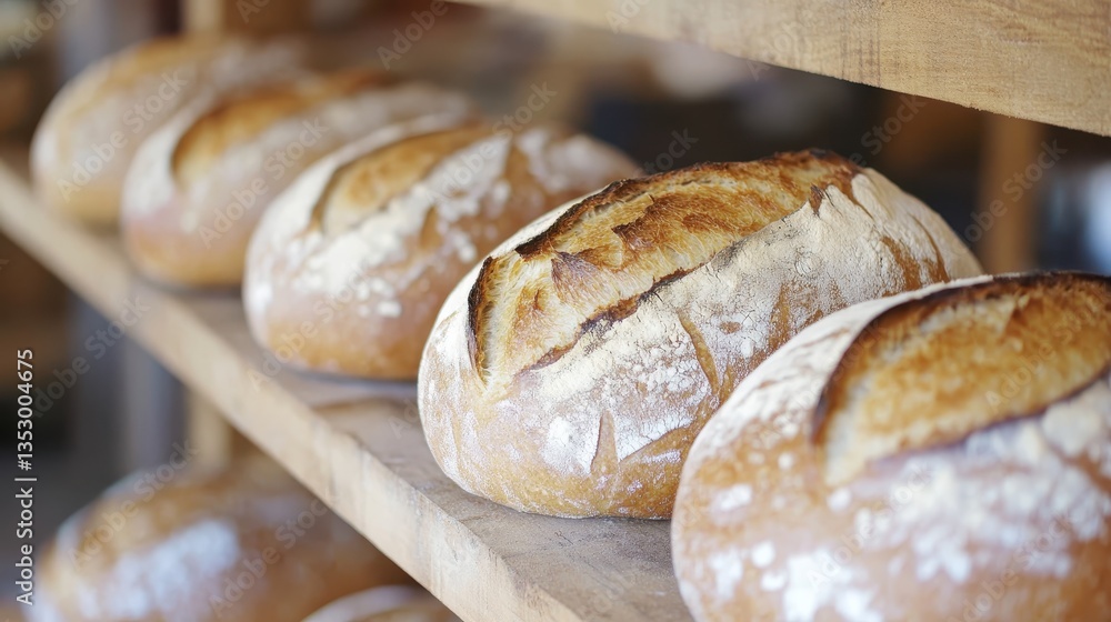 Freshly Baked Bread Loaves on Wooden Shelf. Freshly Baked Bread Loaves on Wooden Shelf.