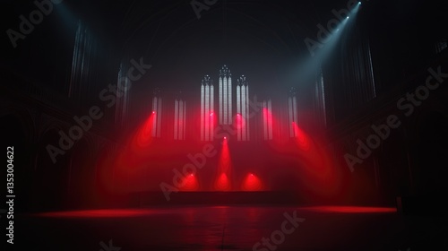 Dark, dramatic church interior with vibrant spotlights
