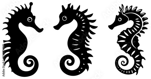 Seahorse Silhouette Vector Set, Marine Life, Ocean Creatures, and Sea Animal Illustrations
