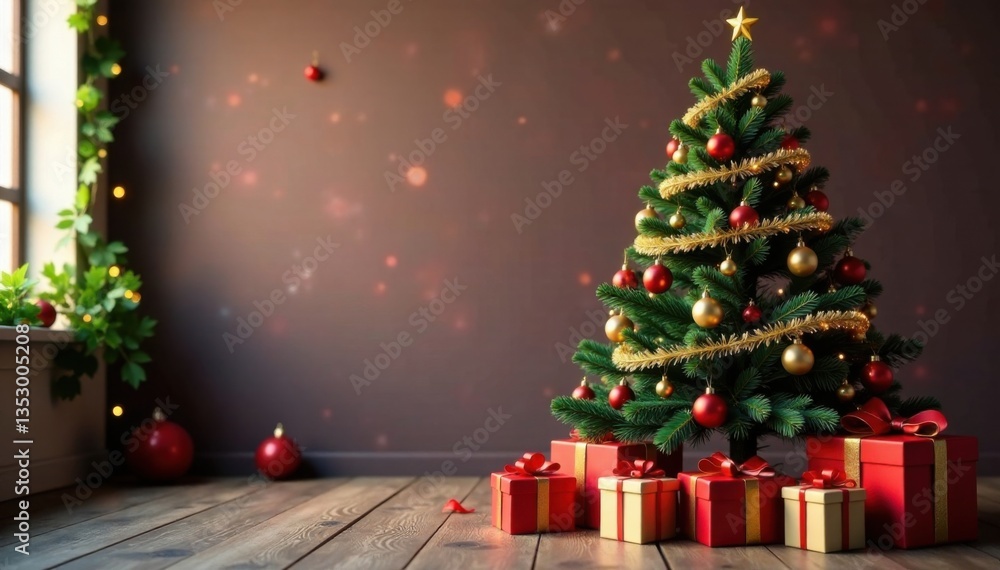Elegant Christmas tree with ornaments and garlands, surrounded by colorful gifts and festive decorations, bright, ornaments, garlands Elegant Christmas tree with ornaments and garlands, surrounded by colorful gifts and festive decorations, bright, ornaments, garlands