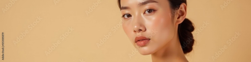 Elegant woman with flawless Asian features, radiant complexion, and sophisticated makeup look against a soft beige background , asian features, makeup Elegant woman with flawless Asian features, radiant complexion, and sophisticated makeup look against a soft beige background , asian features, makeup