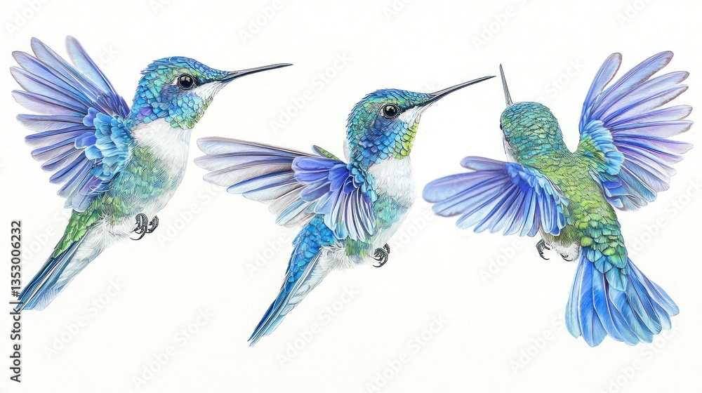 Obraz premium Three iridescent hummingbirds in flight with blue and green plumage