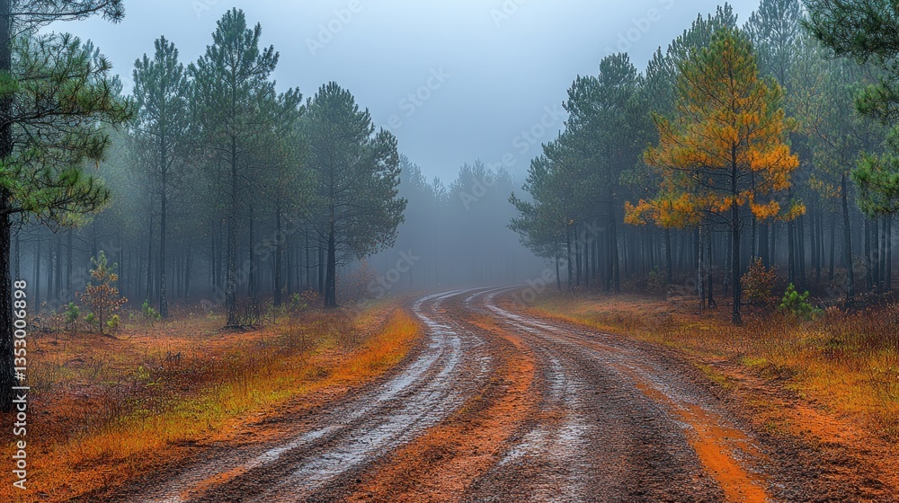 Misty Autumn Drive through a Pine Forest Misty Autumn Drive through a Pine Forest