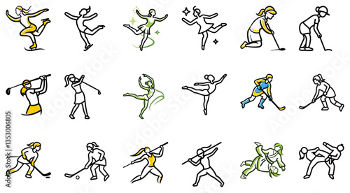 Diverse Female Athletes in Action Line Art Illustrations