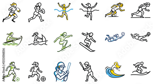 Collection of Line Art Illustrations Women in Various Sports