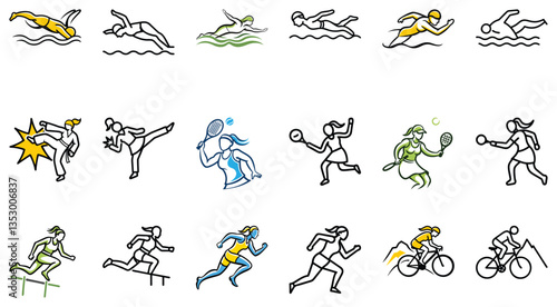 Diverse Female Athletes in Action Line Art Illustrations of Women Participating in Various Sports