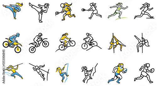 Diverse Women Engaging in Various Sports and Activities Line Art Illustrations