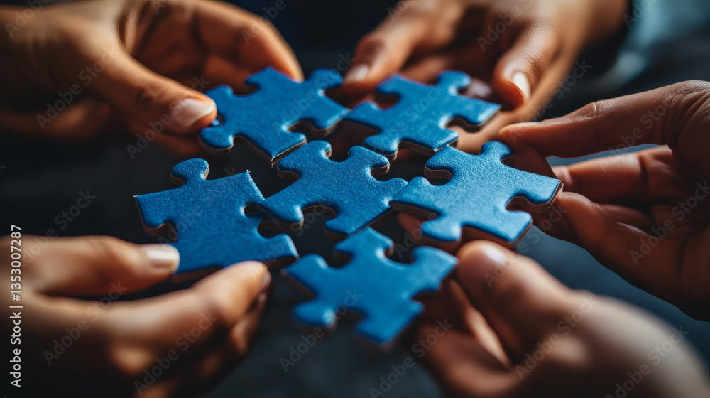 Close up of Diverse Hands Connecting Blue Puzzle Pieces Close up of Diverse Hands Connecting Blue Puzzle Pieces