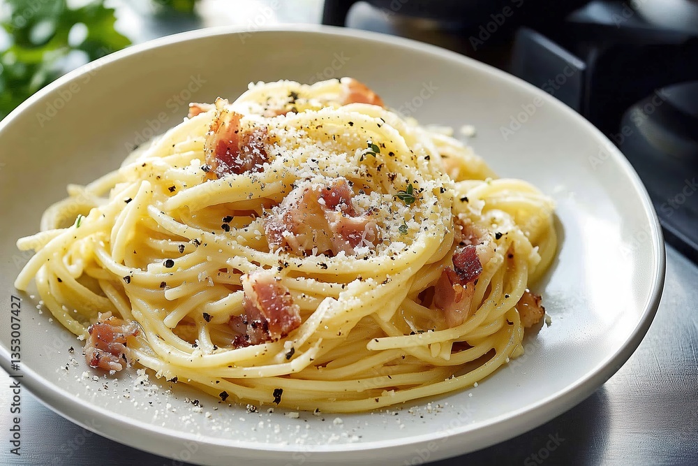 Spaghetti Carbonara with Crispy Pancetta, Pecorino Romano, and Silky Egg-Based Sauce Spaghetti Carbonara with Crispy Pancetta, Pecorino Romano, and Silky Egg-Based Sauce