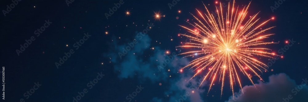 Explosive firework burst in dark blue sky with golden stars and glittering sparks, sparkles, celestial, starry night Explosive firework burst in dark blue sky with golden stars and glittering sparks, sparkles, celestial, starry night