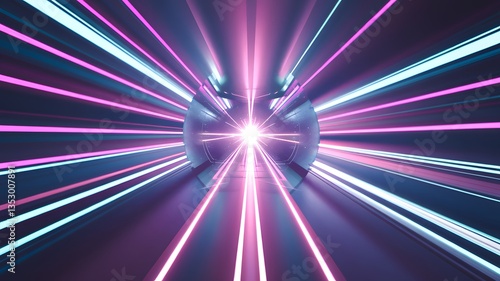 Wallpaper Mural Illuminating Geometry: Dynamic light trails converge at a focal point within a futuristic, reflective tunnel, forming a mesmerizing display of color and movement. Torontodigital.ca