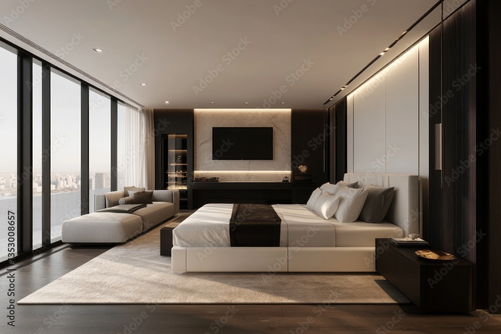 The contemporary bedroom presents luxurious elegance with modern architectural design The contemporary bedroom presents luxurious elegance with modern architectural design