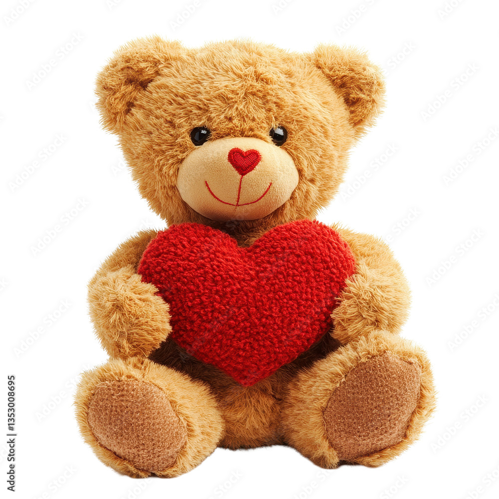Obraz premium Teddy bear holding a heart symbolizes love and comfort on a pure Transparent background for special moments, teddy bear with heart isolated on White background